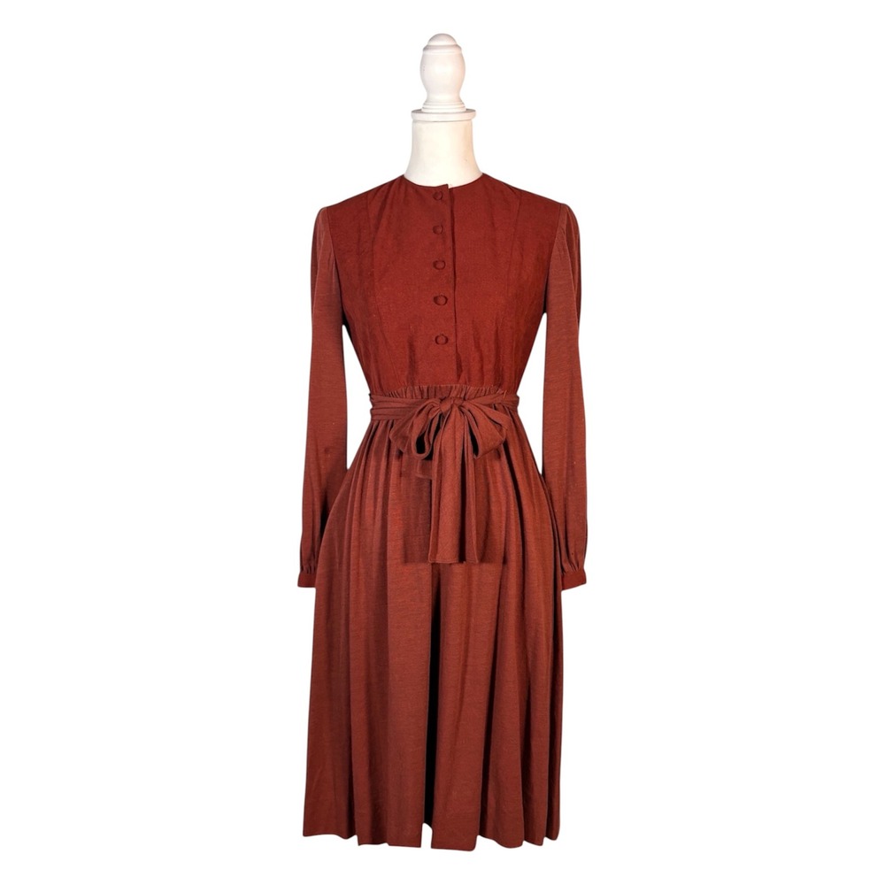Vintage 70s Rust‎ Midi Dress Women's 6 Long Sleeve Classic Retro Cottagecore